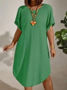 Linhara Plus Size Solid Color Short Sleeve Round Neck Dress, Fashionable For Summer