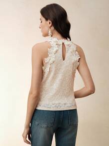 Anewsta 女士优雅3D花卉装饰插肩袖杏色性感修身圆领纹理蕾丝衬衫