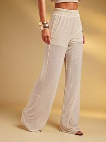 Hauture Quần ống rộng kiểu Boho bằng vải lưới đính đá, hơi xuyên thấu, thích hợp cho kỳ nghỉ trên đảo hoặc tuần trăng mật. - Màu be - Xem 5