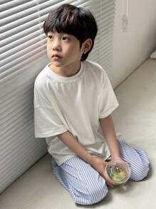 Dazy Kids 2pcs Kids Fall Outfit: Plus Size Boys Round Neck Short Sleeve T-Shirt + Striped Woven Long Pants Home Clothes, Spring/Summer