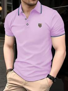 Men's Button-Up Collar POLO Shirt, Shield Print Short Sleeve Top - Mauve Purple - View 1