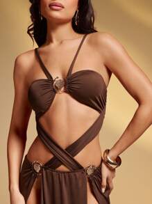 Hauture Summer Sexy Solid Color Hollow Out High Slit Backless Dress, Island Vacation Outfits, Vacation Outfits, Vacation Dress, Honeymoon Outfits Woman Ibiza Outfits - Brown - View 5