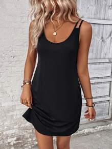 SHEIN Tall 1pc Women's Solid Color Spaghetti Strap Dress, Fashionable For Summer - Black - View 1