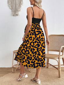 SHEIN Maternity Holiday Leopard Print Patchwork Side Slit Nursing Dress - Yellow - View 2