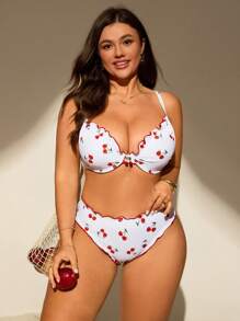 Swim Mod 2 件套加大码女式随机印花聚拢泳衣，性感细肩带分体泳衣 - 白色 - 查看 5