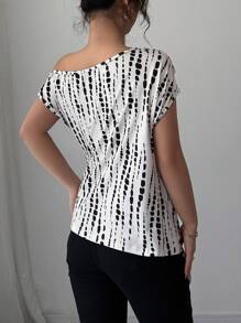 Elenzga Top asimmetrico con maniche a pipistrello, spalle inclinate, con stampa all-over, adatto per appuntamenti, lavoro, vacanze, festività, abbigliamento casual, stile boho per l'estate