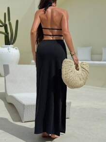 Swim SXY 夏季女式性感镂空海星拼接露背系带侧开叉沙滩罩衫连衣裙 - 黑色 - 查看 2