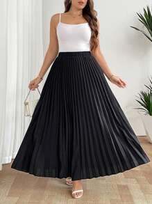 SHEIN Tall CURVE Elegant Lady's Casual Vacation Loose Pleated Skirt With Elastic Waist, Black, Plus Size - Black - View 4