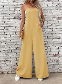 SHEIN LUNE Women's Solid Color Pocket Casual Wide Leg Jumpsuit - Yellow - View 6