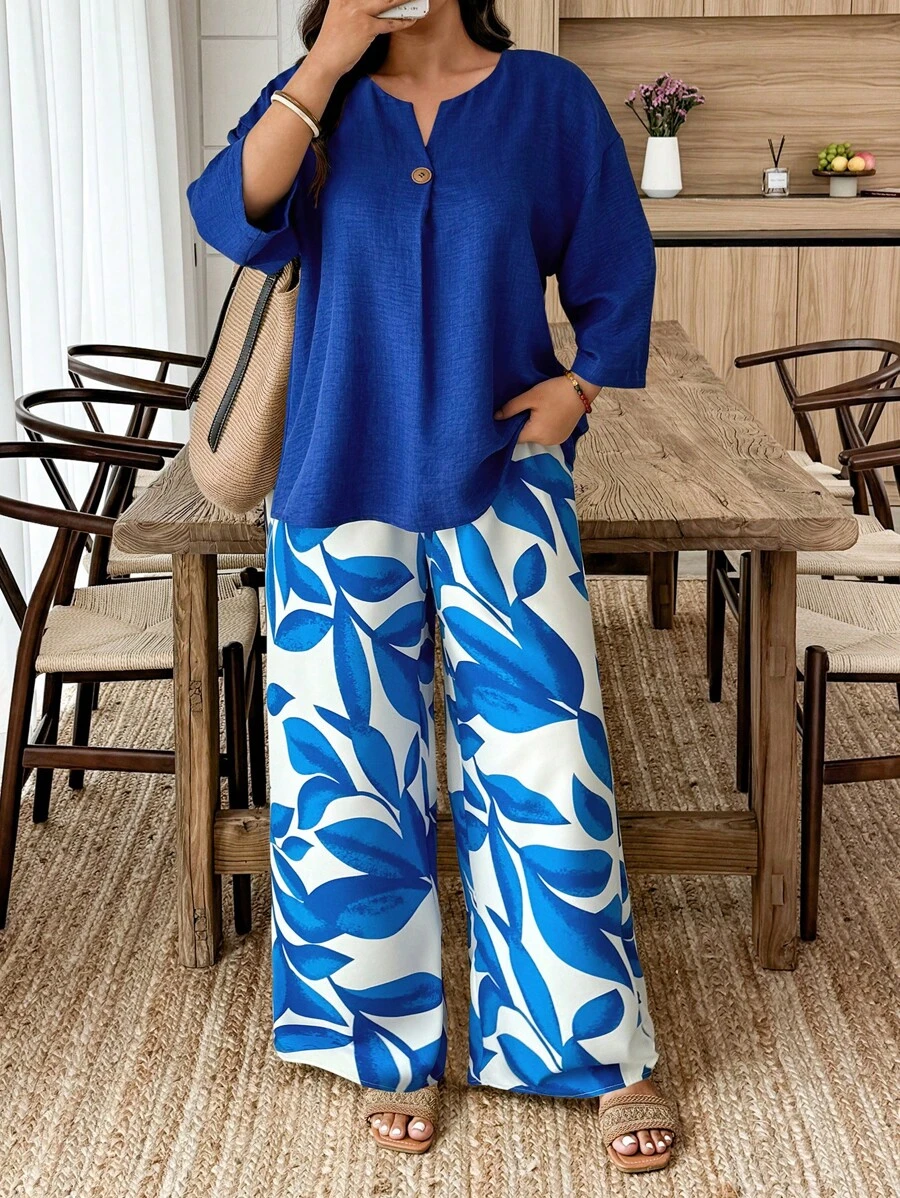 EMERY ROSE Casual Style Plus Size Solid Color Long Sleeve Shirt And Long Pants 2 Pieces Set - Multicolor - View 1