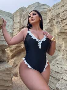 Swim SXY Conjunto de traje de baño de talla grande con adorno de contraste en los tirantes, adecuado para el verano - Negro - Ver 3