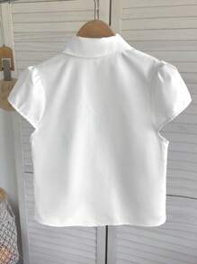 SHEIN Chaqueta corta ajustada con manga corta, cuello y botones para niña preadolescente, estilo universitario, color blanco