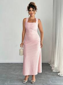 Elenzga Plus Size Women Square Neck Solid Color Sleeveless Summer Elegant Dress - Pink - View 6