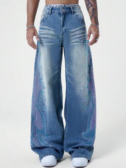 ROMWE Avant Men's Avant Colorful Rhinestone Embellished Loose Wide-Leg Jeans