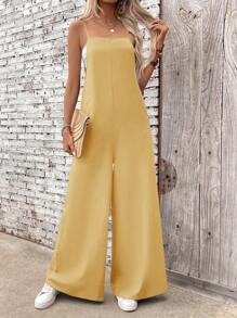 SHEIN LUNE Women's Solid Color Pocket Casual Wide Leg Jumpsuit - Yellow - View 4