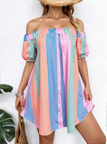Breezaya Plus Size Striped Casual Dress, Suitable For Summer - Multicolor - View 1