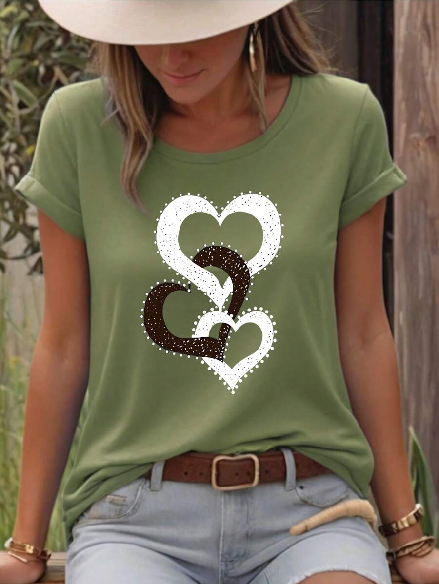 SHEIN LUNE Solid Color Plus Size Heart Printed Round Neck Summer Short Sleeve T-Shirt Graphic Tees Women Tops - Olive Green - View 1