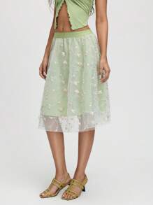 SHEIN MOD Jupe mi-longue en maille verte brodée pour femme, jupe d'été - Vert - Voir 4