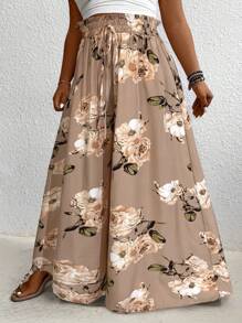 SHEIN Tall Pantalones anchos y holgados con estampado floral y cordón en la cintura, adecuados para vacaciones, tallas grandes para mujeres