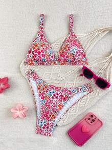 SHEIN Swim Women's Floral Print Sexy Bikini Swimsuit Set, Split Swimwear, Random Print Pattern - Multicolor - View 2