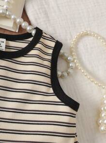 SHEIN Infant Girls' Fashionable Striped Elegant All-Match Casual Dress, Versatile For Spring And Summer