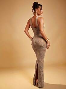 Hauture Women's Sexy Vacation Front Crossover Halter Neck And Side Cut Out Leopard Foil Knit Maxi Dress, Party Dress