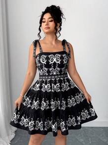 Elenzga Vestido Mini Vintage Plus Size Decorado com Bordado nas Alças, Moda de Verão - Preto - Visão 3