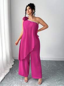 SHEIN Unity Plus Size Chiffon Elegant Party Jumpsuit, Asymmetric Shoulder 3D Floral Asymmetrical Hem - Hot Pink - View 3