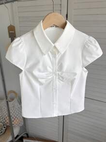 SHEIN Chaqueta corta ajustada con manga corta, cuello y botones para niña preadolescente, estilo universitario, color blanco