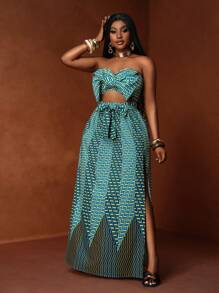 Slaydiva 2pcs Set - African Print Front Knot Top & High Low Hem Skirt, Suitable For Music Festivals, Holidays, Parties, Everyday For Plus Size Women - Multicolor - View 8