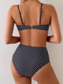 Swim Chiccia 2 件波尔卡圆点印花黑白拼色女士比基尼泳装套装，沙滩装