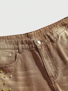 ROMWE MEN Street Life Summer Casual Graphic Men'S Loose Diamond Decorated Denim Shorts Jorts - Khaki - View 6