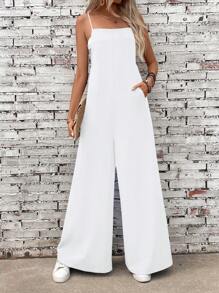 SHEIN LUNE 女式纯色口袋阔腿宽松休闲工装裤 - 白色 - 查看 4