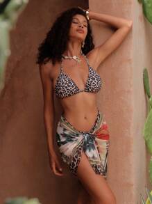 SHEIN Swim 3pcs Women Leopard Print V-Neck Halter Tied Top & Triangular Brief & Mesh Skirt Sexy Swimsuit Set - Multicolor - View 1