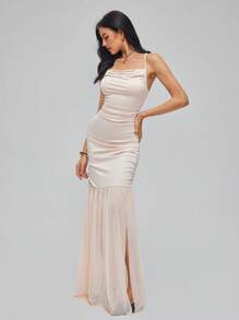 Roylia French Style Bodycon Elegant Slim Pleated Cami Dress, Suitable For Holiday Party Formal Wear - Apricot - View 3