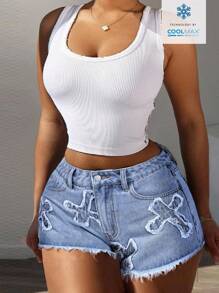 SHEIN ICON Women's Casual Frayed Hem Patchwork Denim Shorts - Light Wash - View 6