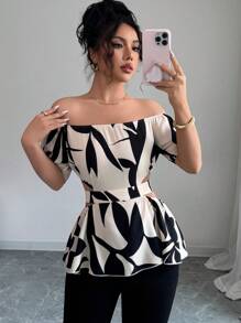 Elenzga Áo trễ vai thanh lịch cho nữ có dây buộc sau lưng và đường cắt eo, phong cách thường ngày - Màu be - Xem 3