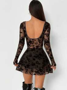 EgrlEra Petite 女式植绒网眼镂空蝴蝶结装饰透视长袖连衣裙