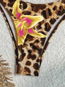 SHEIN Swim Women's Sexy Leopard Floral Print Shorts For Summer - Orange - View 5