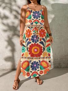 SHEIN LUNE Robe d'été à bretelles fines, ourlet incurvé, imprimé floral, grande taille