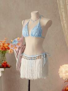 SHEIN Swim 1 件女士夏季海滩花卉纹理吊带性感比基尼套装 - 藍色 - 查看 5
