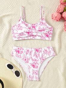 SHEIN Tween Girls Porcelain Print Twist Knot Bikini Set - Hot Pink - View 1