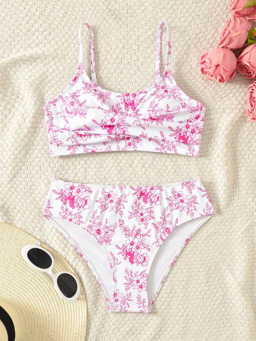 SHEIN Tween Girls Porcelain Print Twist Knot Bikini Set - Hot Pink - View 1