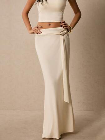 Poéselle 女士纯色金属环装饰荷叶边优雅时尚半身裙