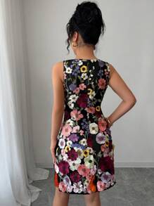 Rafferiza Women's Round Neck Sleeveless Elegant Floral Fitted Mini Skirt