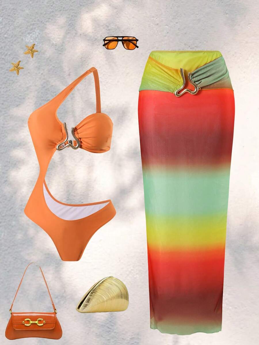 Swim Oasis Orange 2-Piece Beach Resort Swimsuit Set For Women:Hollow Out Shoulder Mesh Cover Up Long Skirt & Random Print Swimwear,Summer,Casual,Vacation,Holiday - Multicolor - View 1