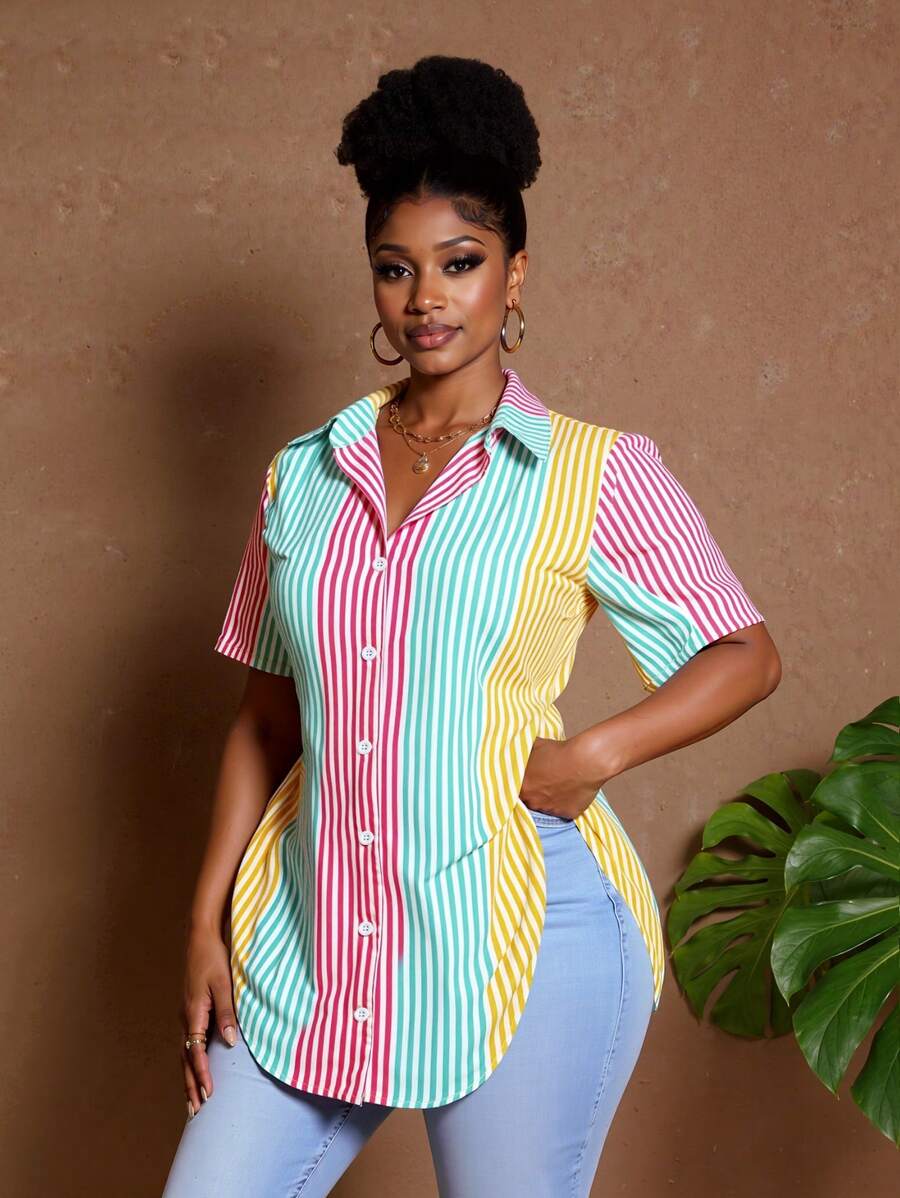 Maweii Camisa de talla grande con estampado de rayas de colores y bajo dividido - Multicolor - Ver 1