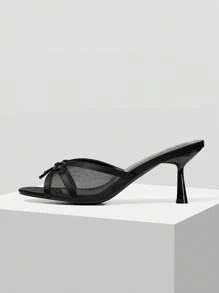 MOTF PREMIUM 圆头细高跟网眼蝴蝶结高跟凉鞋，适合新年假期、春季鞋、春假复活节舞会高跟鞋 - 黑色 - 查看 2