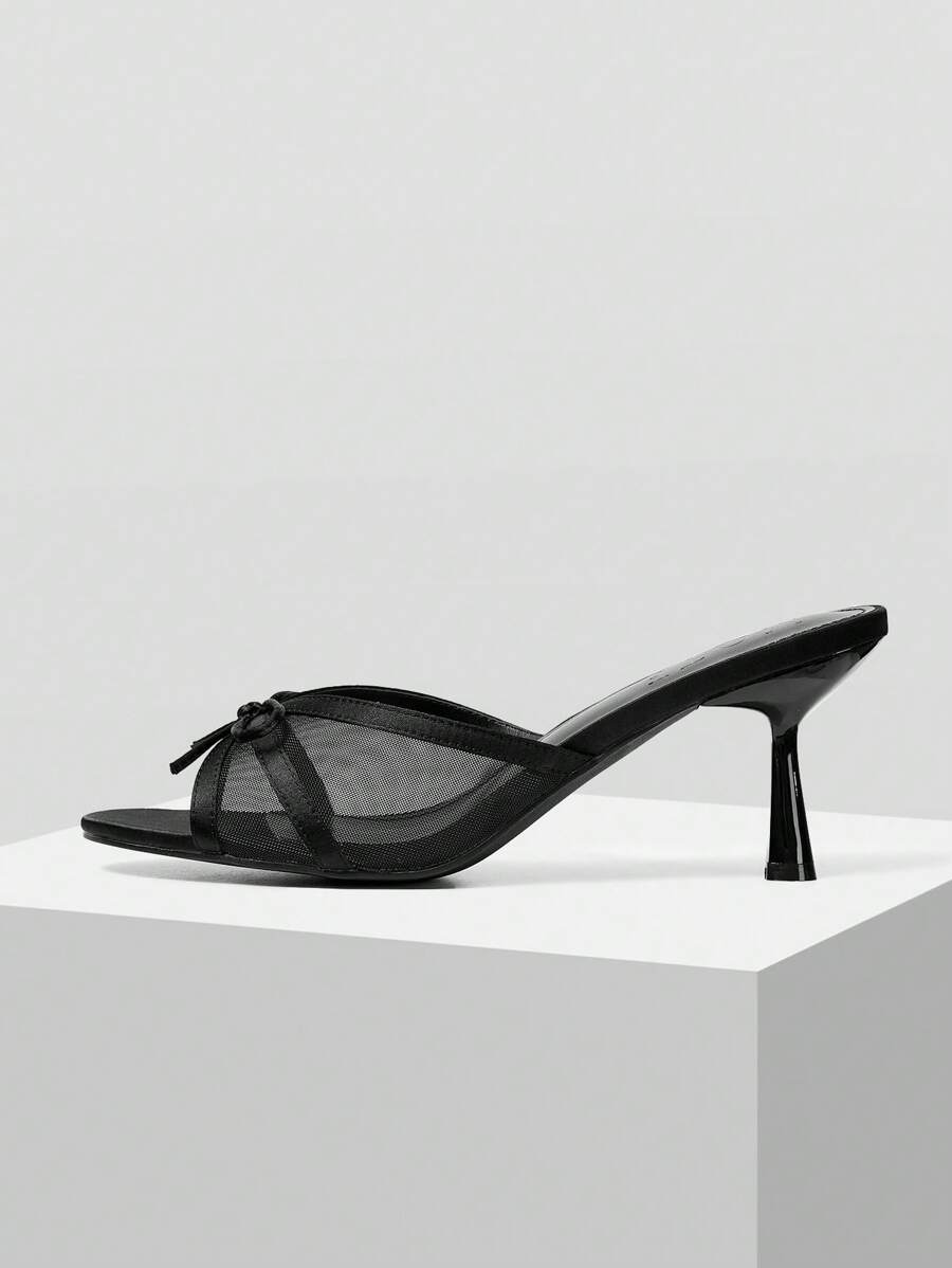 MOTF PREMIUM 圆头细高跟网眼蝴蝶结高跟凉鞋，适合新年假期、春季鞋、春假复活节舞会高跟鞋 - 黑色 - 查看 2