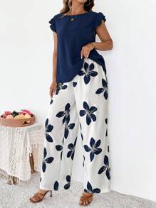 SHEIN Clasi 大码女式纯色圆领盖袖上衣和花卉印花裤套装